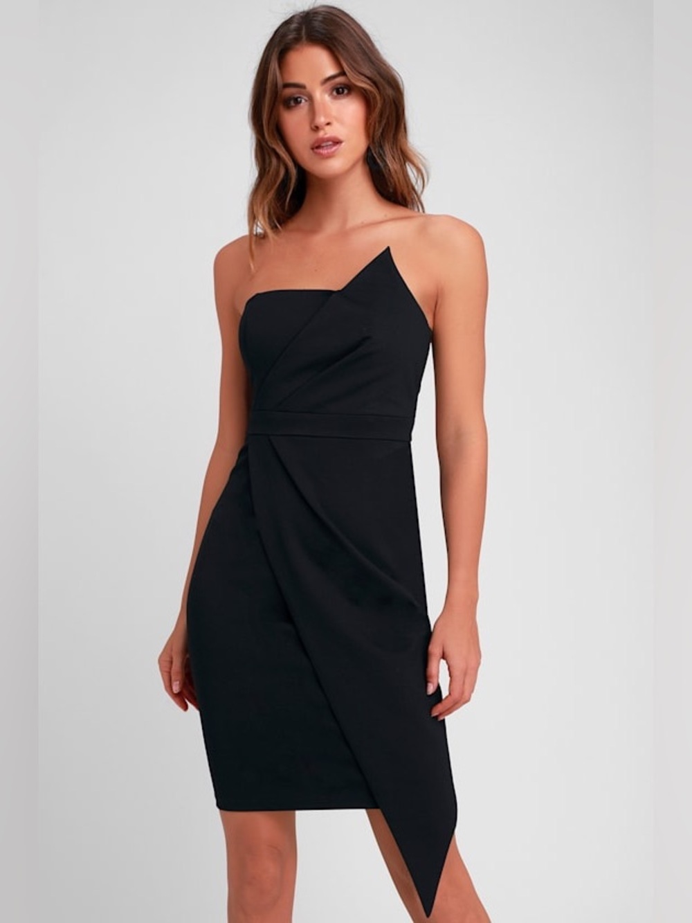 LULUS Queen of the City Black Strapless Asymmetrical Bodycon Dress Medium NWT